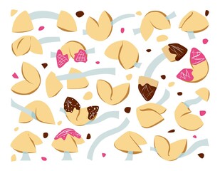 A set of good luck dessert with and without cream. Christmas Chinese fortune cookies. Good luck cookie with blank paper template. Colored vector illustration isolated on white background.