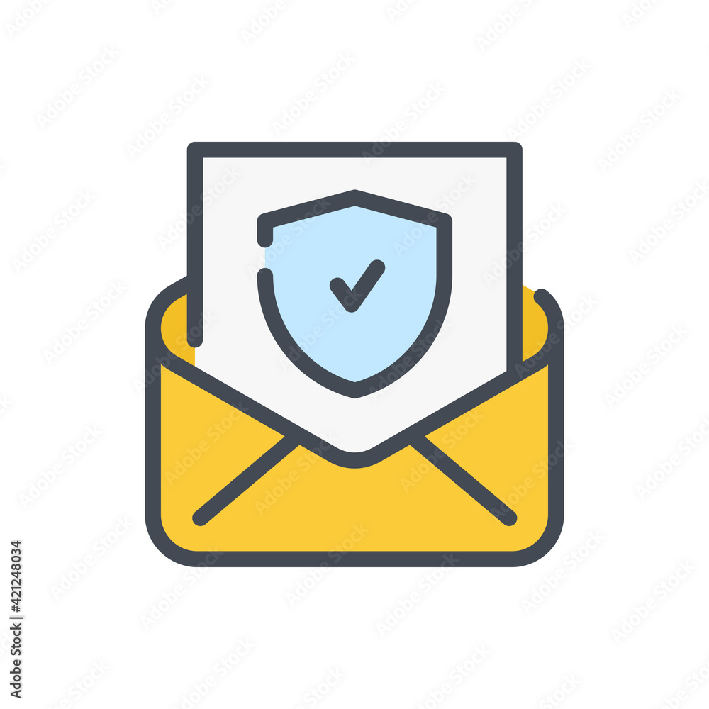 Poster open letter with shield and tick color line icon. email protection and mail secure vector outline co