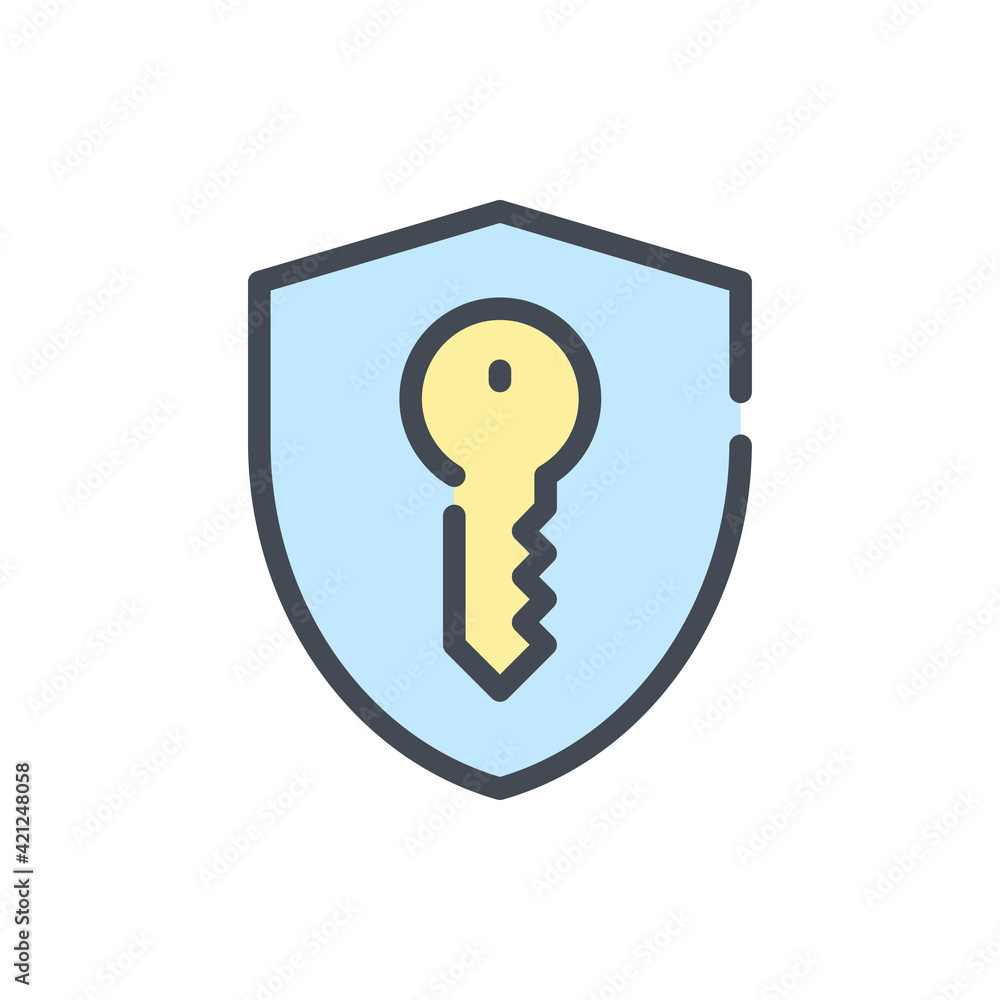 Poster shield with key color line icon. privacy, protection and security shield vector outline colorful sig