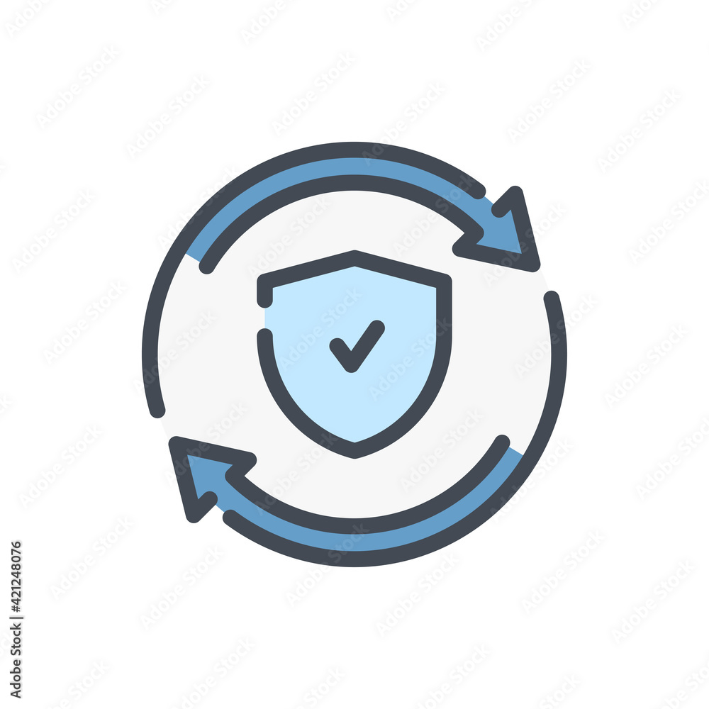 Aufkleber update arrows with shield and check mark color line icon. change insurance plan and update protectio
