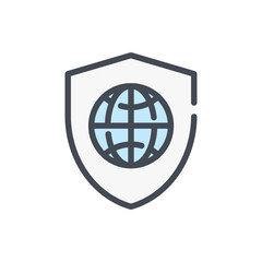 Shield with globe color line icon. International insurance and World protection vector outline colorful sign.