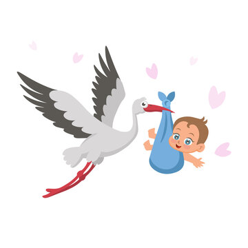 Stork with baby on a white background. Concept of greeting card, baby shower invitation. It's a girl. Vector illustration in cartoon style.