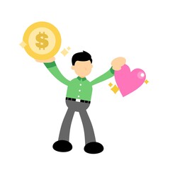 businessman choose love and gold coin money dollar cartoon doodle flat design style vector illustration