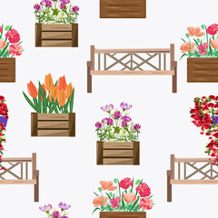 Seamless pattern with flower boxes and benches