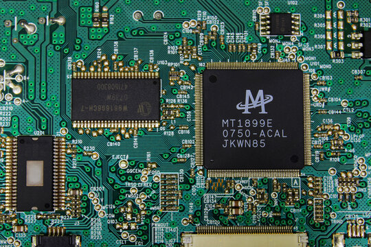 Sochi Russia - March 18 2021: Printed curcuit green board with Mediatek chip. Top view