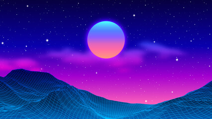 80s synthwave styled landscape with blue grid mountains peak and sun with clouds.