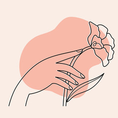 Branch with young leaves in hand linear style.Vintage illustration on pastel background.Flat design.Simple Hand drawn illustration.Minimalistic elegant concept. 