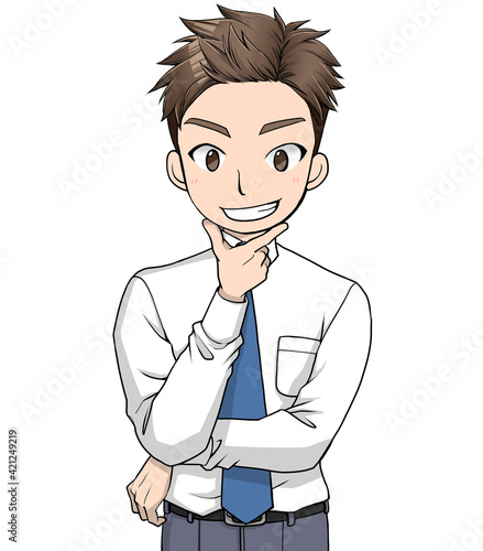 顎に手を当てて笑顔で話すワイシャツにネクタイの男性 30s Wall Mural 3 Mako