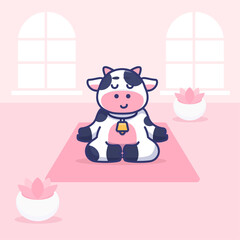 cute cow doing yoga and meditation with lotus flower pot concept illustration