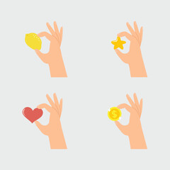 Set of hands holding lemon, star, heart and coin.