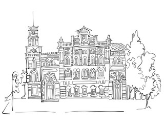 Hand drawn line drawing of classicism building