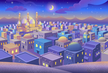 Panorama of ancient arab city with houses and the mosque at night. Blue city with perspective. Vector illustration in cartoon style.