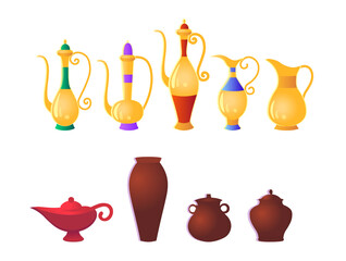 Set of traditional Arabic jugs and magical genie lamp. Vector illustration in cartoon style.