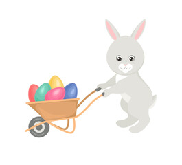 Cartoon Cute bunny driving  wheelbarrow with painted Easter eggs. Simple flat illustration.