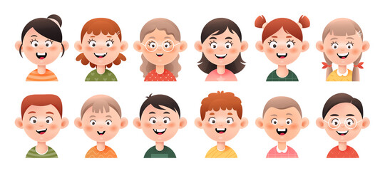 Set of little girls and boys avatars. Smiling faces of  girls and boys  with different hairstyles. Colorful cartoon vector illustration isolated on white background