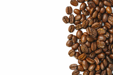 Clipping path roasted coffee beans texture and macro top view edge frame encircle from stripes with copy space for text or logo in menu cafe shop isolated on white background.