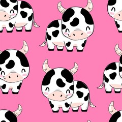 Fototapeta premium Hand drawn cute cow on pink background seamless pattern vector illustration Cow print