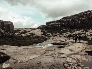 volcanic landscape in island. clouds over the mountains. canyon. fjord. view from the top of...