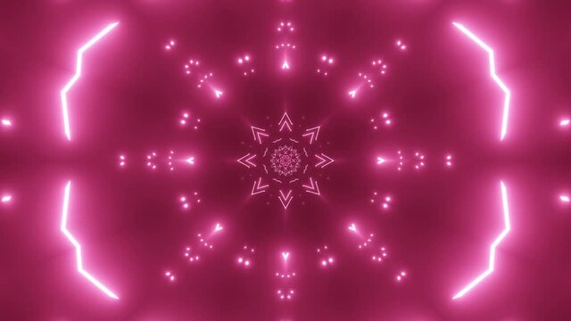 Fast moving vj tunnel animation. Gerometrical symmetrical shapes of neon mangenta and purple. Trippy impression.