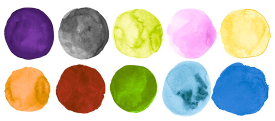 Colorful Watercolor Round Collection. Ink Graphic Blot Template. Abstract Background with Stain on Paper. Watercolor Circles Collection. Hand Paint Stroke Texture. Brush Watercolor Circles Set.