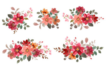 Fototapeta premium Red and brown flower bouquet set with watercolors