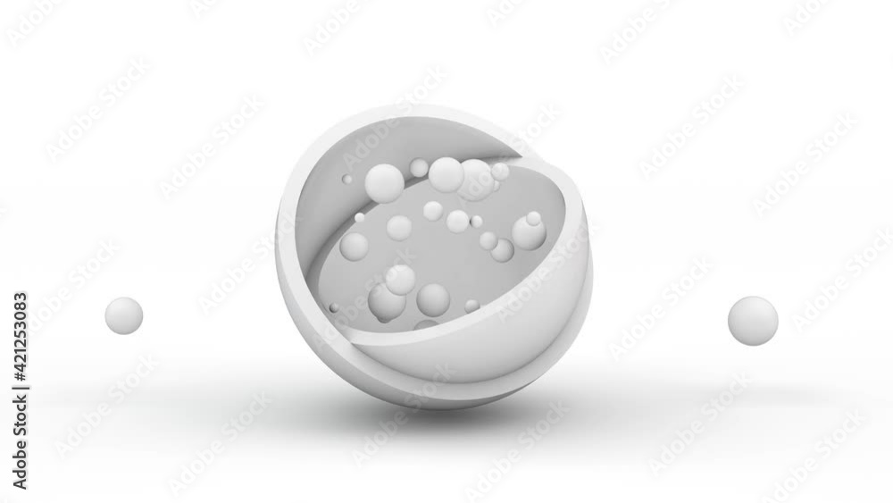 Poster loop 3d animation of two white hemispheres randomly moving and opening the content. a lot of small p