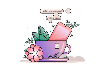 A beautiful cup of tea, delicate colors, a ringing phone, an invitation to a cup of tea.Tea cup on white background. Vector, illustration. Telephone symbol. Smartphone technology. Mobile phone.