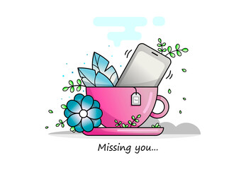 A beautiful cup of tea, delicate colors, a ringing phone, an invitation to a cup of tea.Tea cup on white background. Vector, illustration. Telephone symbol. Smartphone technology. Mobile phone.