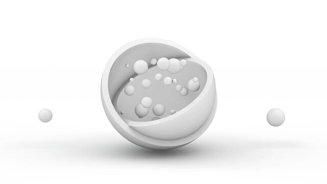 Loop 3d animation of two white hemispheres randomly moving and opening the content. A lot of small pulsating balls randomly move inside. Abstract animated background.