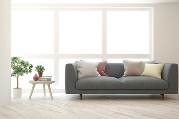 White living room with sofa. Scandinavian interior design. 3D illustration