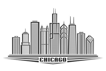 Fototapeta premium Vector illustration of Chicago City, horizontal monochrome poster with line art design chicago city scape, urban american concept with unique decorative font for black word chicago on white background