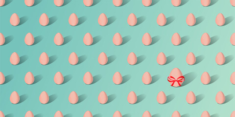Easter eggs at an isometric projection on a blue background. Vector illustration, horizontal banner