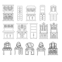 Fototapeta premium set of cute vintage dressing tables and cabinets. collection of antique bedroom furniture, a convenient place to store cosmetics and jewelry. Vector in sketch style, isolated on a white background