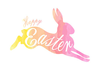 Watercolor silhouette of jumping and running Easter Bunny and lettering happy Easter. holiday greeting card, vector illustration