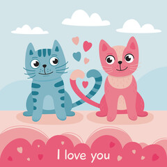Cat couple in love, their tails form a heart. Hand drawn style. Vector illustration, card, poster