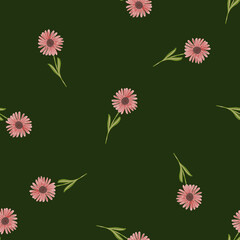 Obraz premium Random chrysanthemum pink flowers ornament seamless pattern in doodle style. Green dark background.