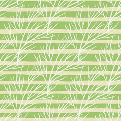 White contoured minimalistic tree branches silhouettes seamless pattern. Light green striped background.