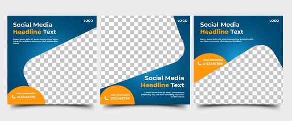 Set of Business social media post template design. Blue background color with orange ornament.  Perfect for promotion in social media and web internet. Vector design with place for the photo.