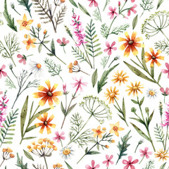 Cute floral seamless pattern with hand-drawn illustrations. Delicate watercolor meadow flowers: chamomile, buttercups, tansy, dill. Botanical illustration for wrapping paper, textile, decoration