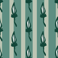 Botanic seamless pattern with doodle contoured green leaf elements. Pastel turquoise striped background.