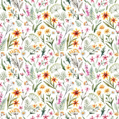 Motley floral background with watercolor wildflowers and herbs. Bright yellow and pink flowers, wild green herbs hand-drawn in watercolor. Floral summer texture.