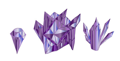  set of purple amethyst crystals. Vector illustration of a collection of minerals isolated on a white background. Alternative medicine. Treatment with stones.