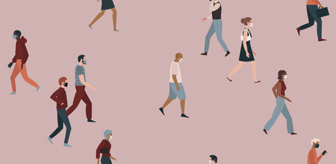 Seamless pattern with people walking wearing face masks isolated on white background. Men and women in respirators. Protection from coronavirus outbreak.