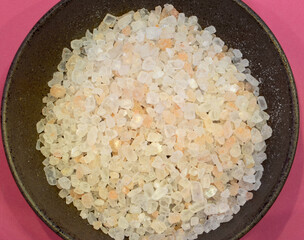 Himalayan salt top view. Pink salt crystals. Healthy food concept