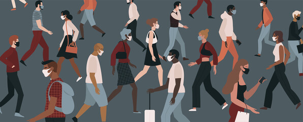 Pattern with people walking wearing face masks isolated vector illustration. Men and women in respirators. Protection from coronavirus outbreak.