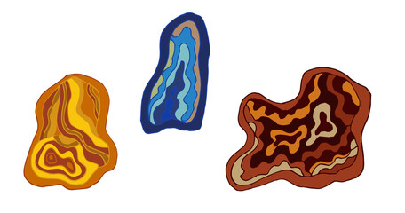 A set of agate and lapis lazuli crystals in a section. Vector illustration of gold minerals on a white background. Alternative medicine. Treatment with stones.