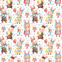 Happy Easter seamless pattern with watercolor Easters characters. Hand drawn cute Easter bunnies in traditional costumes, painted eggs, Easter cakes, flowers.