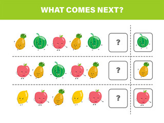 What comes next with cute fruits. Cartoon vector illustration. Logical worksheet for kids.
