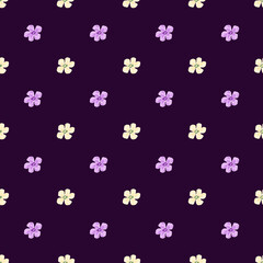Contrast ditsy seamless pattern with white and lilac flower buds ornament. Dark purple background.