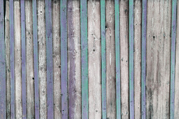 Texture of wooden planks with peeling turquoise blue color paint. Detailed background photo texture.